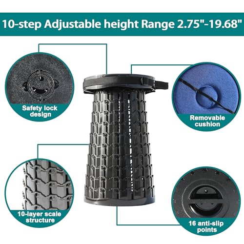 Image of ALEVMOOM XXL 19.7 inch Collapsible Stool with Cushion, Capacity 1000lbs Portable Stools for Adults Heavy Duty, Adjustable Height Telescoping Folding Stool, for Outdoor Camping Travel Hiking Fishing