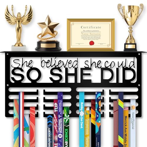 CALMCREST Medal Hanger Display with Trophy Shelf Sturdy Metal Awards Rack Holds 70+ Medals Easy Wall Install Medal Holder Premium Stainless Steel Rust-Resistant (She Believed She Could)