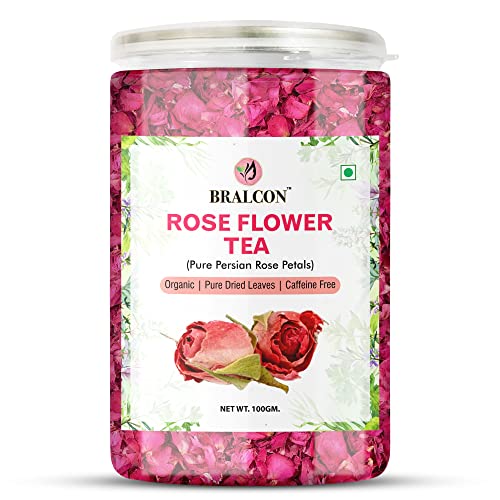 BRALCON Organic Rose Flower Tea - 100g | Pure Persian Rose Petals | Caffeine Free Herbal Tea | Use for Iced Tea, Cocktails | Cures Sore Throat