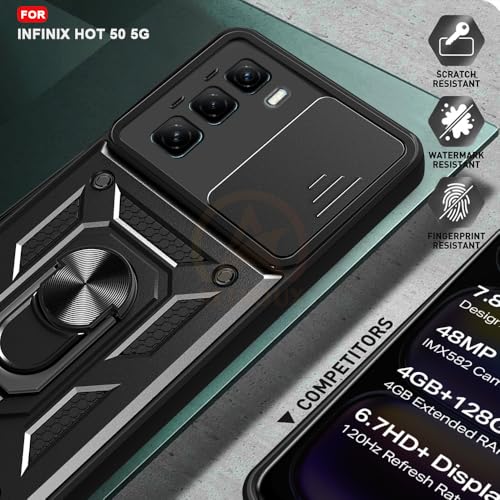 Image of Armor Bumper Back Cover Case for Infinix Hot 50 5G Rotating Camera Cover, Ring Holder & Kickstand | Heavy Duty & 360 Degree Protection Infinix Hot 50 5G Back Cover (Black)