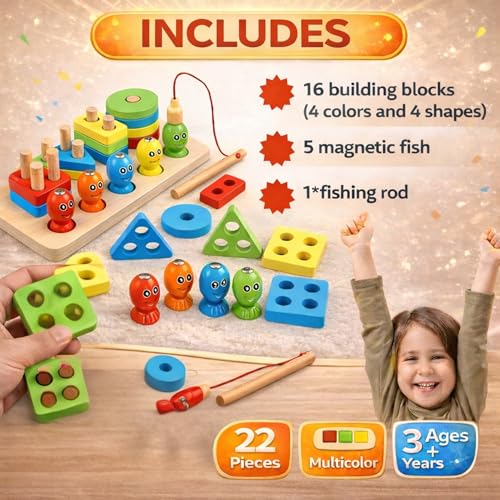 Image of 3 in 1 Wooden Fishing, Shape Sorting & Stacking Toy | Montessori Magnetic Fish Catching Game | Brain Development & Fine Motor Skills for Kids 1-5 Years