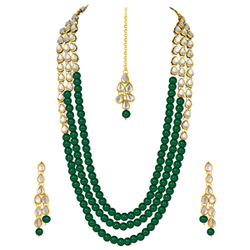 Aheli Classy Bollywood Party Wedding Kundan and Maroon Colour Beads Necklace Earrings with Maang Tikka Set Indian Traditional Ethnic Fashion Jewelry for Women