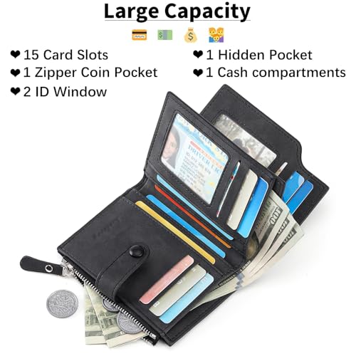 Image of Wallet for Men Large Capacity Leather RFID Blocking Trifold Wallet with 2 ID Windows and 15 Card Holders