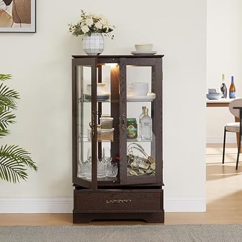 BAOMKONG ​Display Cabinet with Glass Doors Drawer, Lighted Curio Cabinet with Adjustable Glass Shelves and Mirrored Back Panel, Retro Floor Standing Glass Storage Cabinet for Living Room, Cherry Cover