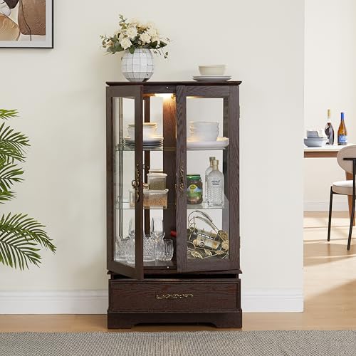 Image of 47 inch H Lighted Curio Cabinet Display Case, Glass Case with Adjustable Shelves,Tempered Glass Door and Drawer, Wooden Curio Cabinet with Mirrored Back Pane for Living Room (Dark Cherry)