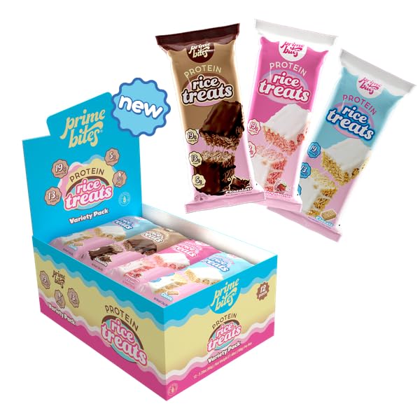 Prime Bites Rice Treat Variety Pack (12 Pack) Vanilla Chocolate Strawberries & Cream - Protein Snack 19g of Protein Seed Oil Free