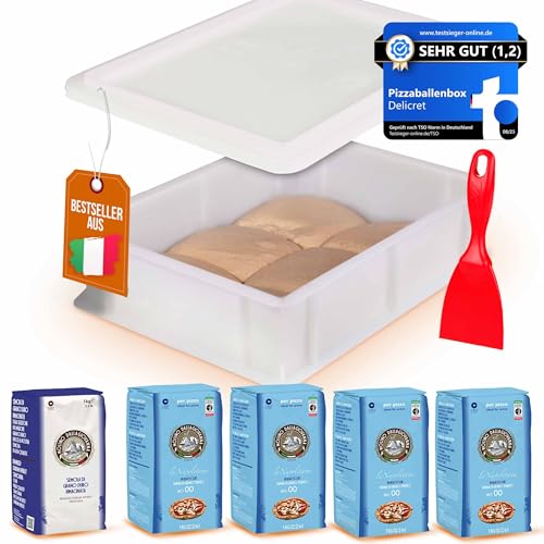 Delicret - Pizza-Set Starter - Molino Dallagiovanna - 4 kg Pizzamehl Typ 00 'La Napoletana', 1 kg Semolamehl, Pizzaballenbox für Pizzateig mit Leidenschaft, Pizzateig-Kit (Starter, d’eccellenza)