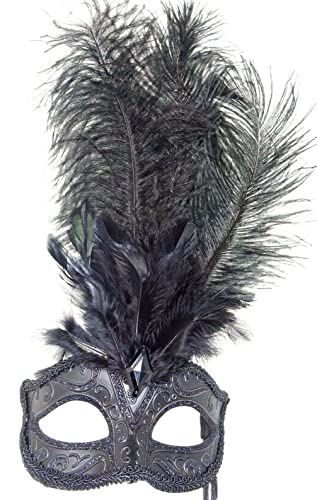 LADIES MIDNIGHT BLACK VENETIAN MASQUERADE HALLOWEEN CARNIVAL PARTY EYE BALL LONG FEATHER MASK ON A STICK, 8cm Deep exc Flower & Stick