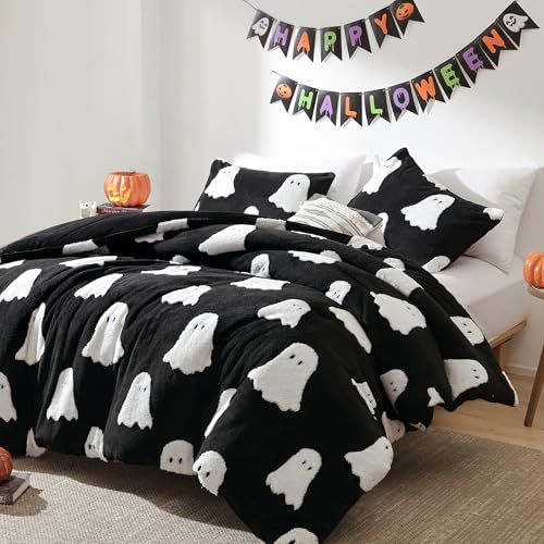 Smoofy Queen Black Comforter Set - Halloween Bedding Set Queen Size with White Ghost, Black Comforter Queen Bed Comforter Sets (1 Fluffy Queen Comforter and 2 Pillowcases)