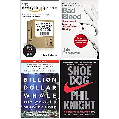 The Everything Store Jeff Bezos and the Age of Amazon, Bad Blood, Billion Dollar Whale, Shoe Dog 4 Books Collection Set