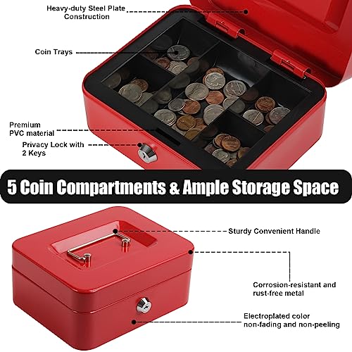 Sgorlds Large Locking Cash Box With Removable Coin Tray, Portable Safe Metal Money Box With Key Lock,Petty Small Money Organizer For Cash With Double Layer & 2 Keys, 9.84"X 7.87"X 3.54", Red #TOP2