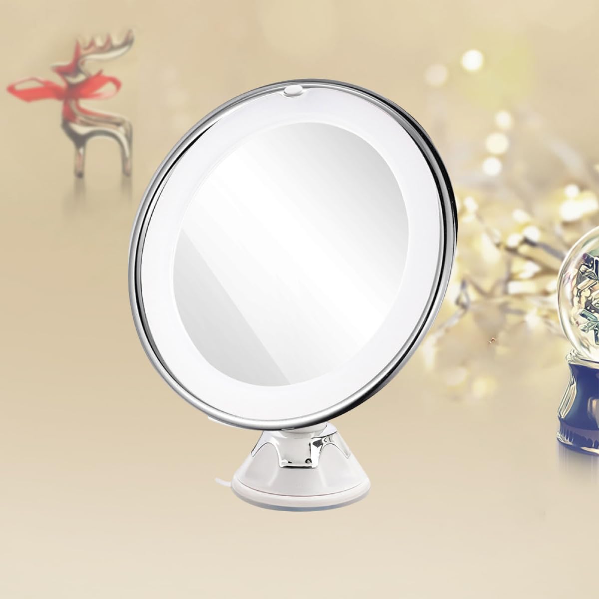 Ipetboom Kosmetikspiegel LED mit 10-facher Vergrößerung Runder Make Up Spiegel aus Glas in Weiß mit Saugnapf für Bad und Reise Beleuchteter Tragbarer Schminkspiegel für Damen und Herren