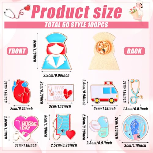 Image of Ceenna 100 Pcs Nurse Enamel Pins Bulk for Backpacks, Lapel Pin Gifts | Zinc Alloy; 50 Unique Designs-stethoscope, Syringe, Ambulance; Perfect for Nursing Graduation or Nurses Week Gifts