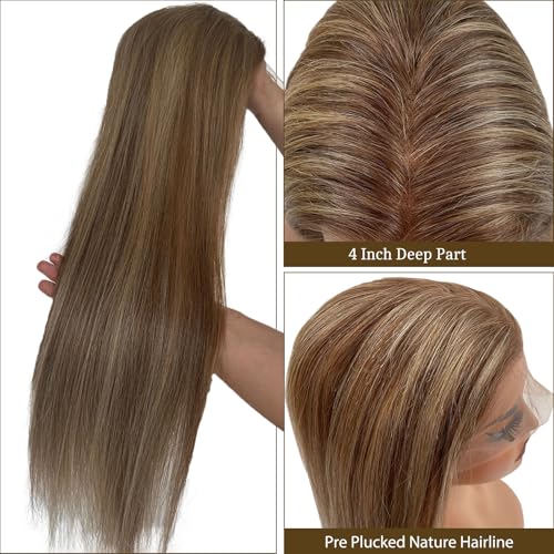 Image of Belaved Ombre Ash Brown Lace Front Wigs Human Hair HD Frontal Wig Human Hair Dark Brown Roots Pre Plucked Glueless 180% Density Seamless Highlights 13x4 Straight for Women 22 Inch 6T6P18