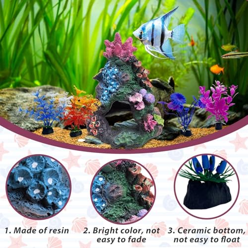 Image of PINVNBY Colorful Coral Small Fish Tank Decorations with 4PCS Artificial Aquarium Plants, Resin Mountain Ornament for Goldfish Betta Fish Tank Cave Hideout Sleep Rest Play Breed