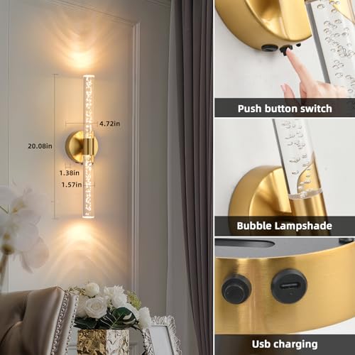 Image of Battery Operated Wall Sconces Set of Two, Gold 20'' Rechargeable Crystal Bubble Wall Sconce with Remote Control, 3000K-6000K Dimmable LED Wireless Wall Lights for Living Room Bedroom Bathroom Hallway