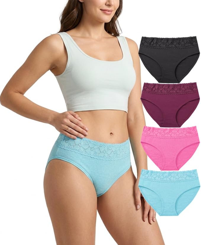 nicsy Women’s Underwear Cotton Lace Panties for Women, Soft Ladies Lace Trim Underwear, Hipster, Briefs, Mid Waist Bikini Panty-picture-31