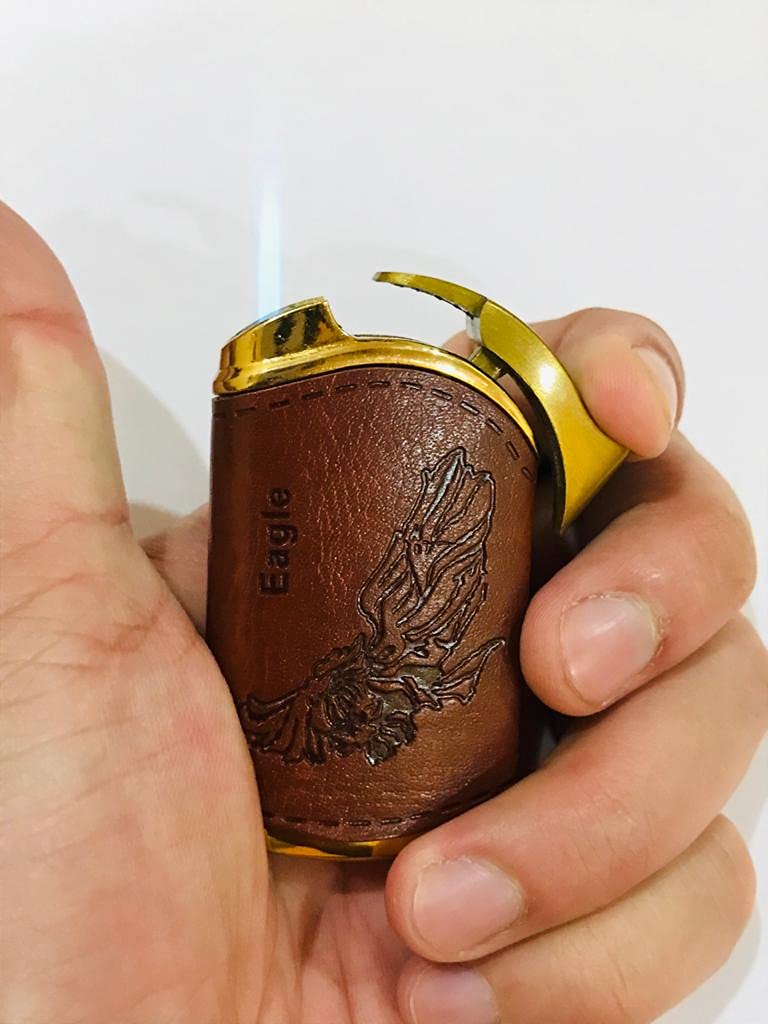 Refillable Windproof Brown Leather Finish Eagle Embossed Lighter - Pocket Lighter - Windproof Jet Flame Pocket Lighter (Brown)