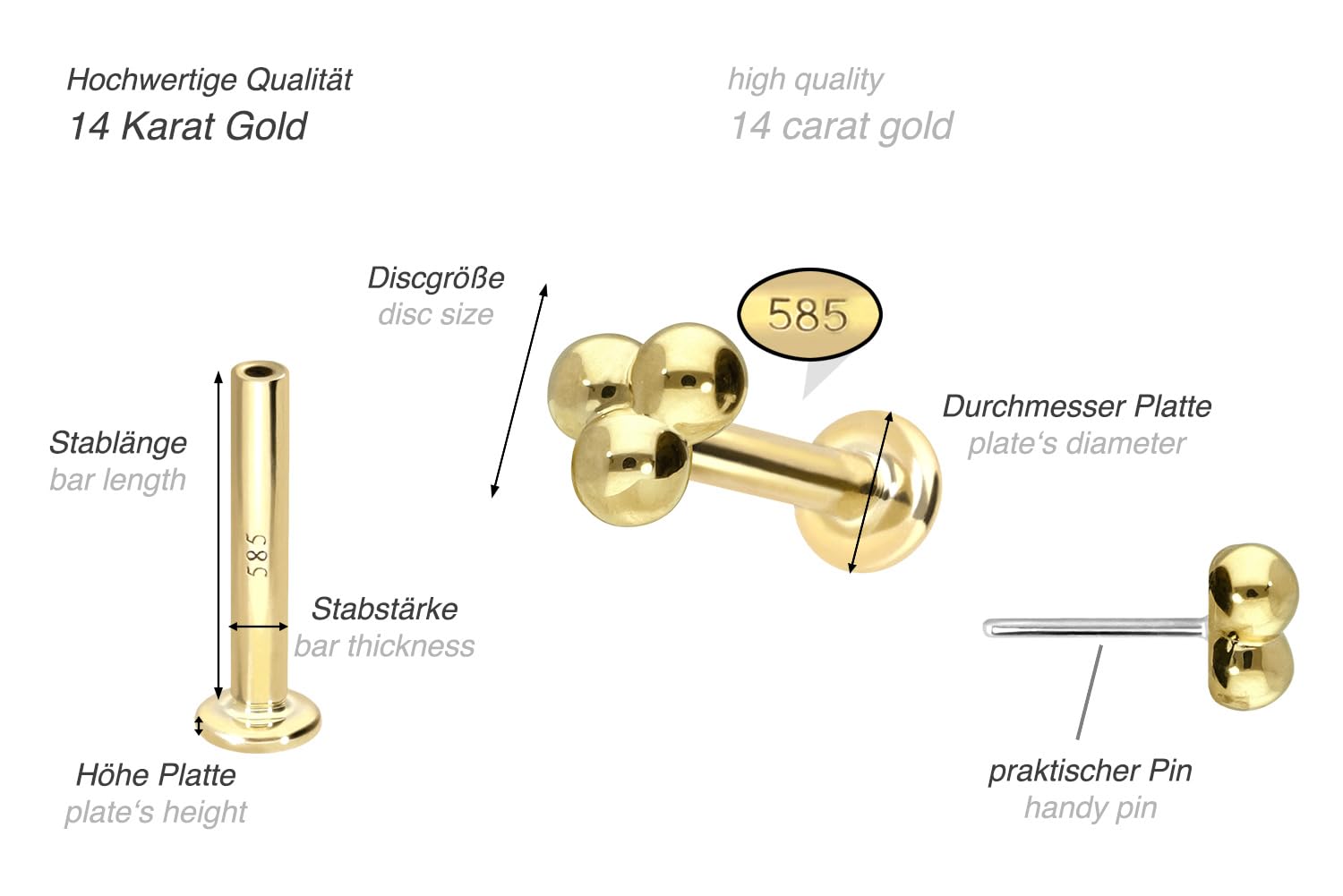 PIERCINGLINE 14 Karat Gold Labret Ohr-Piercing mit Push Fit 3 KUGELN Farb & Größenauswahl