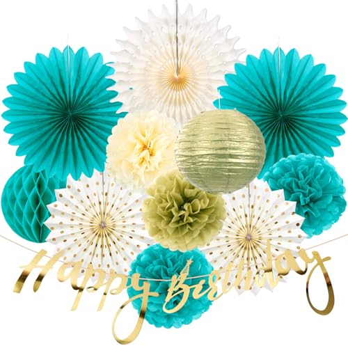 Image of SUNBEAUTY Teal and Gold Party Decorations Teal Birthday Decorations for Women Teal Blue Hanging Paper Fans Tissue Pom Poms Happy Birthday Banner for Baby Showers Wedding Engagement Party