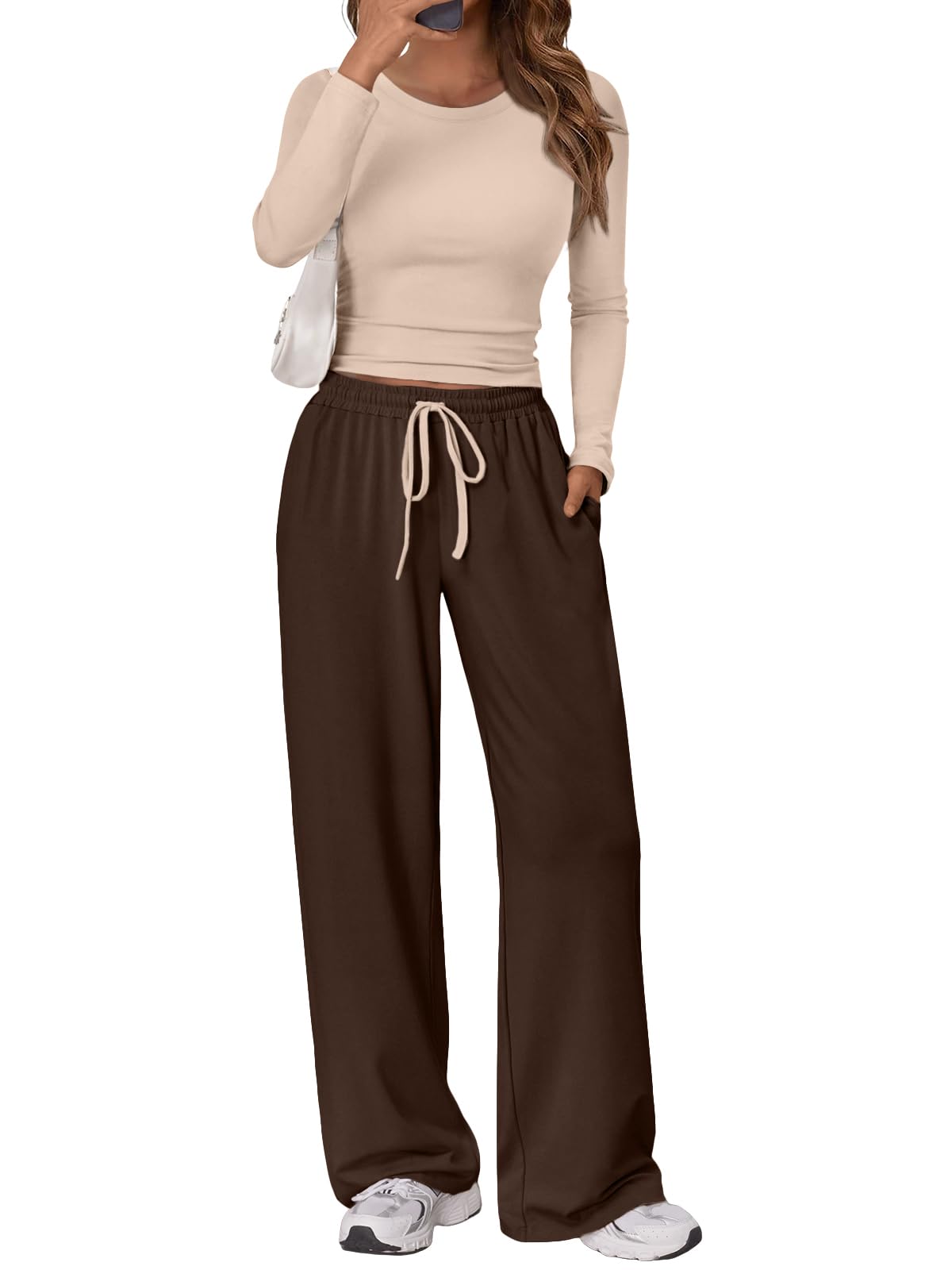 Trendy Queen Women's 2 Piece 2026 Fall Fashion Lounge Set with Pockets | Airport Outfit, Athleisure Workout Set, Fall Wardrobe Staple, Winter Style, Side-Ruched Top, Drawstring Wide-Leg Pants