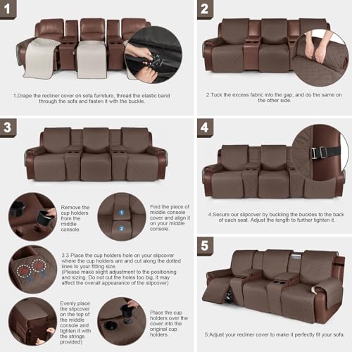 Image of KinCam 100% Waterproof Recliner Sofa Cover with Console, Non-Slip Reclining Couch Covers for 3 Seat, Recliner Couch Cover Furniture Protector with Elastic Straps for Pets, Kids, Brown