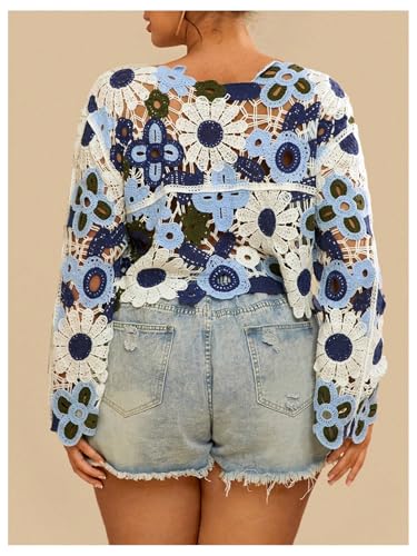 Floerns Women's Plus Size Floral Crochet Hollow Out Sweaters Long Sleeve Pullover Crop Tops3