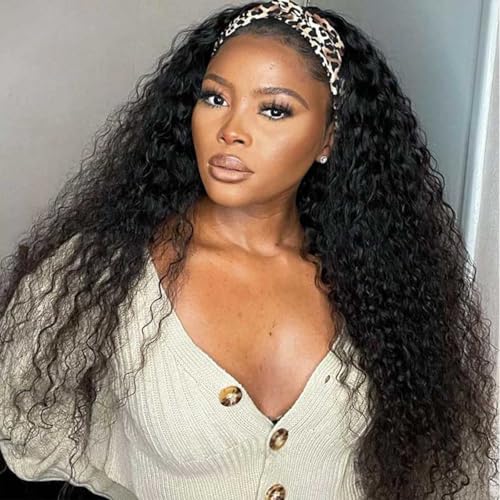 Image of Headband Wig Human Hair Kinky Curly Headband Wigs for Black Women Human Hair Headband Wig Curly Human Hair Wigs Brazilian Virgin Hair Wear and Go Glueless Wig Natural Color 200% Density 24 Inch