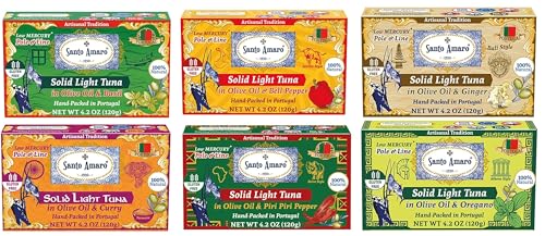 Image of Discoverer 6 Flavor Variety Pk Canned Wild Pole & Line Tuna Fillet in Olive Oil (6 Pk) Mediterranean Diet Turmeric Curry, Basil, Ginger, Piri Piri, Oregano, Bell Pepper - Hand-Packed in PORTUGAL