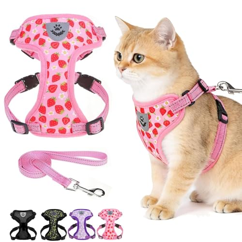 EXPAWLORER Escape Proof Cat Harness and Leash Set - Soft Breathable Vest Harness with Adjustable for Kitten Puppy Outdoor Walking Travel, Reflective Harnesses for Small Medium Large Cats, Strawberry M