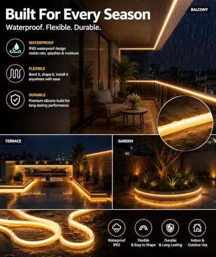 Image of Quace 5M Neon LED Strip Light Warm White, Flexible Silicone Rope Light, IP65 Waterproof, Cuttable LED Strip for False Ceiling, Bedroom, Home Decor, Shop Signage, Party & Diwali Decoration