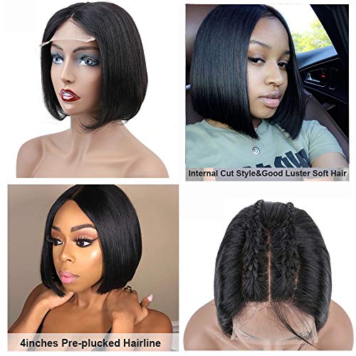 Halo Lady Straight Short Bob Wig 4"x4" Lace Front Closure Human Hair Wigs 150% Density Glueless Brazilian Virgin Hair Wig for Women Handmade Middle Part Lace Bob Wig Natural Color (8 inch)