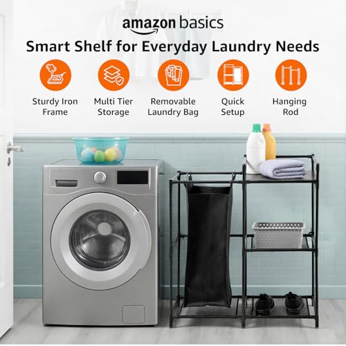 Image of Amazon Basics Multi-Function Laundry Shelf with 3-Tier Storage Organizer , Removable Polyester Bag, Iron Frame & MDF Shelf - 3-Tier Storage Organizer for Clothes, Towels & Supplies - Black (69L x 36W x 78H CM)