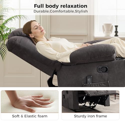 HAOMARKETS Classic Manual Recliner with Massage and Heat for Adults, Soft Fabric Recliners with Two Cup Holders, Overstuffed Heavy Duty Reclining Chair for Living Room, Grey - Thumbnail 7