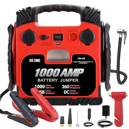 BS ONE 1000 Amp Peak Current Car Jump Stater, 12V Lead Acid Battey Jump Box with 260PSI Air Compressor, Jump Starter Battery Pack with Led Light & USB Output
