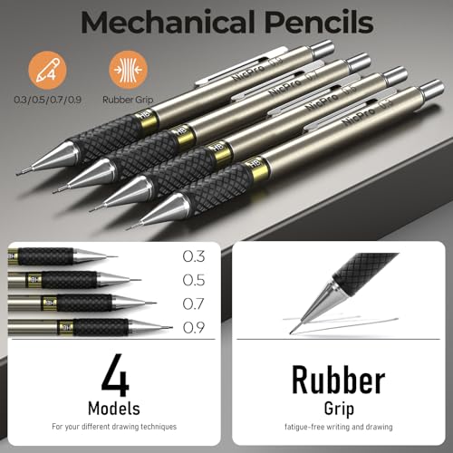 Image of Nicpro Mechanical Pencil Set 37pcs 4pcs Metal Drawing Pencils 0.3 /0.5 /0.7 /0.9mm and 2pcs 2mm Lead Holder (6B 4B 2B HB 2H 4H) School Supplies Sketching Drawing with 23 Refills
