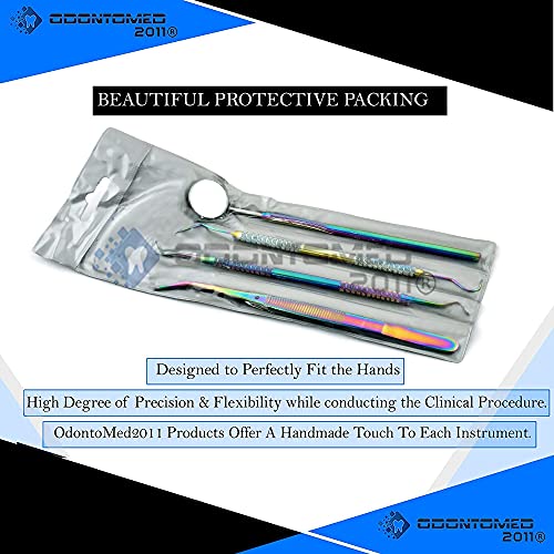 Multi Color Rainbow Dental Hygiene Set - 4pcs Basic Dental Instruments Stainless Steel Dental Tooth Pick, Mouth Mirror, Cotton Plier - Dentists Tools Set is Ideal for Personal Use & Friendly ODM