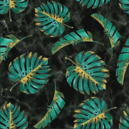 TEXTREND Meterware Jersey - Stoff zum Nähen - 100% Baumwolle - Textilien 1x1.75m - Einfarbiger Stoff - Verschiedene Farben (Monstera Blätter grünes Gold auf schwarzem Marmor Hintergrund)