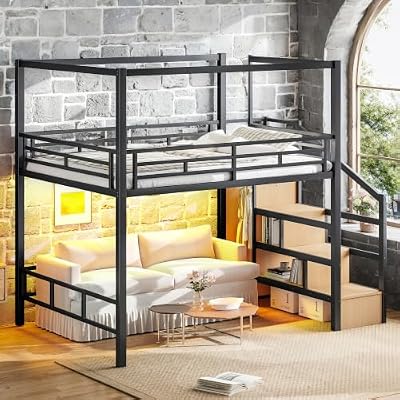 LUMISOL Queen Size Metal Loft Bed with Storage Stairs, Canopy Frame Loft Bed with LED Light & Storage Space, Heavy Duty Canopy Loft Beds with Wardrobe, Black