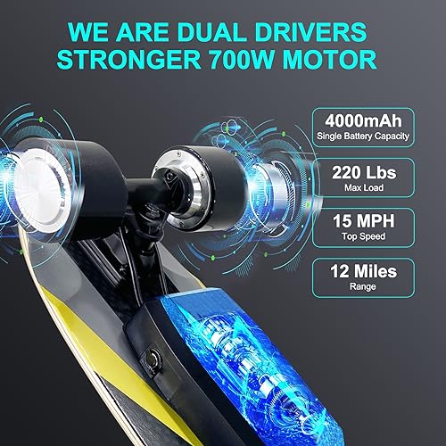 Electric Skateboards, Longboard Cruiser with Remote Control, 700W Dual Motor,Top Speed18 MPH12Miles Range 4 Speeds Adjustment, Electric Skateboards for Adults Beginners Kids Teens Upgraded - Image 4