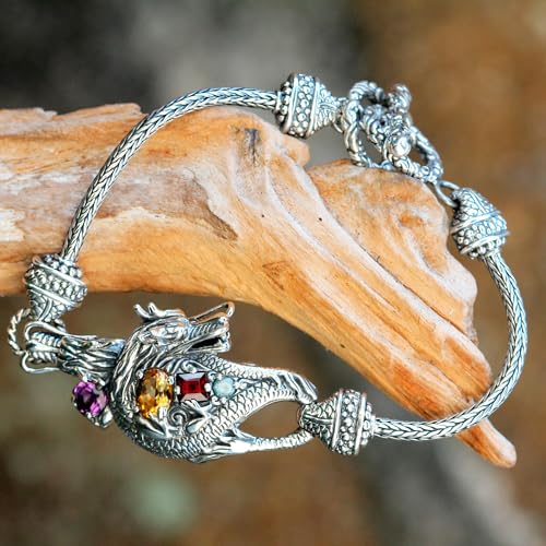 NOVICA Artisan Handcrafted Multigemstone Pendant Bracelet Silver Dragon Sterling Amethyst Blue Topaz Citrine Garnet Multicolor Chain Indonesia Animal Themed Birthstone [7.5 in min L x 8 in max L 3 M]3
