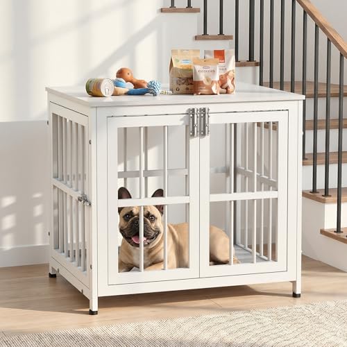 Heavy Duty Dog Crate Furniture 26In Indestructible Cage for High Anxiety Dogs with Wooden Table for Indoor Decorative Escape-Proof Locks & Double Door for Medium Large XL Dog White