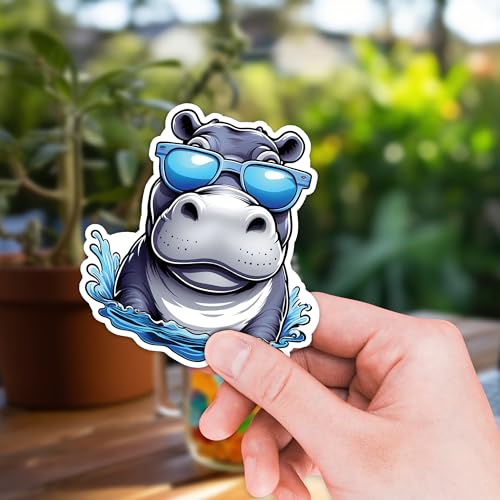 Image of Hippo Sticker 8 Pcs (Large Size) Vinyl Stickers Laptop Waterproof Decal for Car Bumper Water Bottle Notebook Window Funny Party Birthday Decorations - Size 4 Inches
