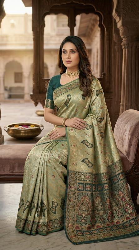 Image of C J Enterprise Women's Pure Soft Silk Saree With Blouse Piece For Wedding (Damru-Patola)