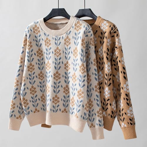 Womens Trendy Floral Sweaters Flower Printed Crewneck Knit Sweater Cute Loose Long Sleeve Fashion Pullover Tops4