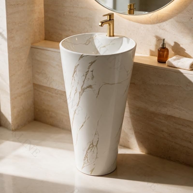 Image of Backline Pedestal Wash Basin| Free Standing Pedestal Basin 7 Years Warranty | One Piece Basin for Bathroom /Office /Living Room /Restaurant (Size - 15 x 15 x 34 Inch) (White Glossy)