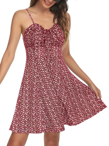 Image of Missufe Spaghetti Strap Floral Mini Dress Women's Casual Ruched Front Drawstring Swing Sundress