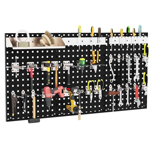 Toolsempire Pegboard Wall Organizer, 3 Pieces Metal Pegboard Panels with 25 Hooks, Storage Platform & Square Hole, Pegboard Kit for Utility Tools, Garage & Workshop(Black)
