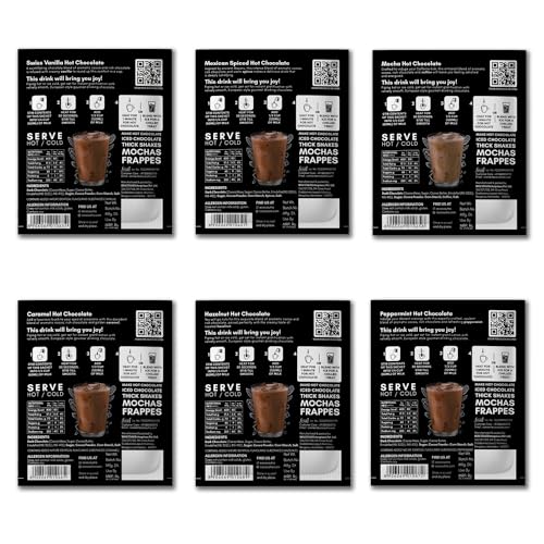 Image of COCOSUTRA Drinking Chocolate Mix | 12 Single-Serve Sachets (20g Each) | 2 Sachets Each Flavour | Swiss Vanilla, Mocha, Caramel, Hazelnut, Mexican Spiced & Peppermint | Gluten Free & Vegan | Enjoy Hot or Cold | 240g