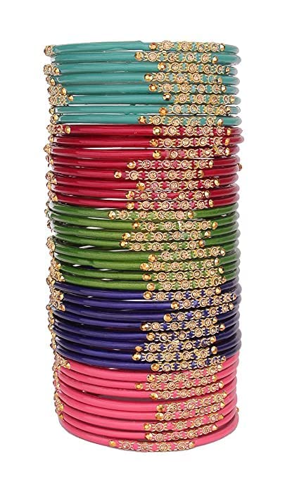 Image of NMII Glass with Zircon Gemstone and Beads Studded Bangle set for Women and Girls